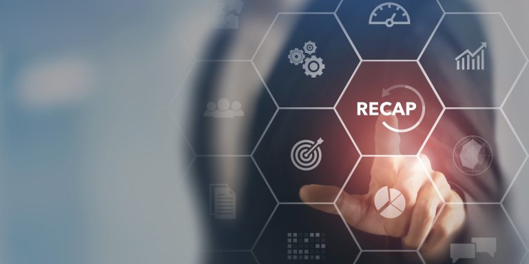 Recap business, economic, market, budget, financial and meeting report concept. Business summary and overview for planning and develop. Businessman touching on RECAP words on smart screen background.