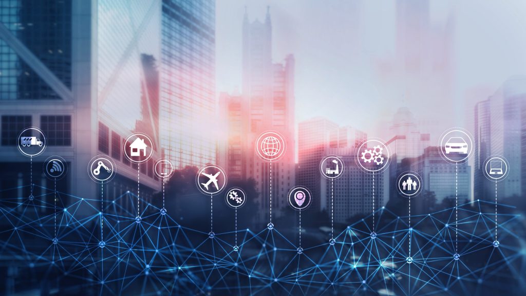 Smart city concept. IoT Internet of Things. Abstract Futuristic City.